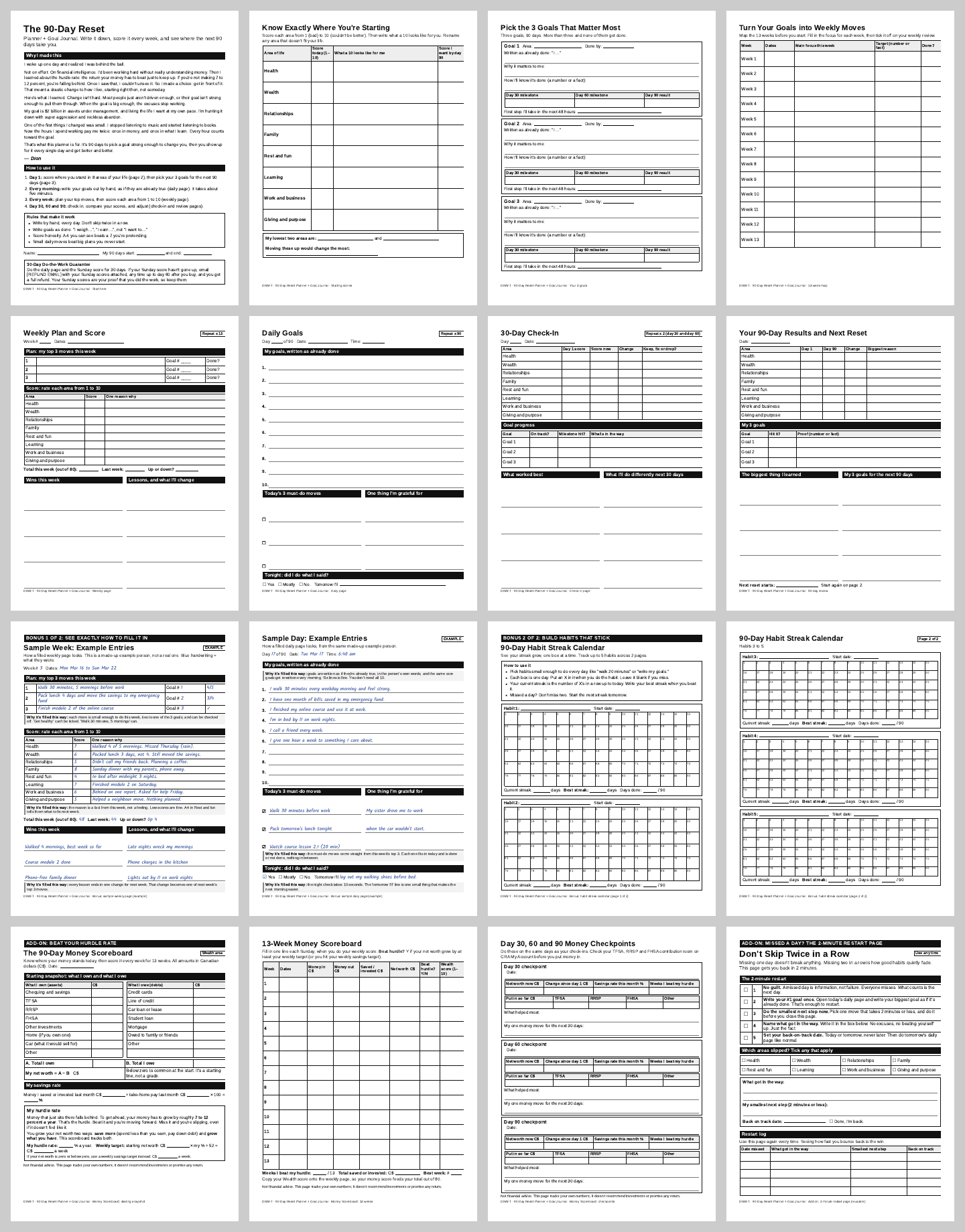 Preview of the 90-Day Reset planner pages